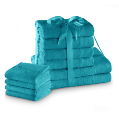 Set 10 prosoape de baie stil modern din bumbac 100%, 450 g/mp, Amari, 2x70x140 cm, 4x50x100 cm, 4x30x50 cm, turcoaz