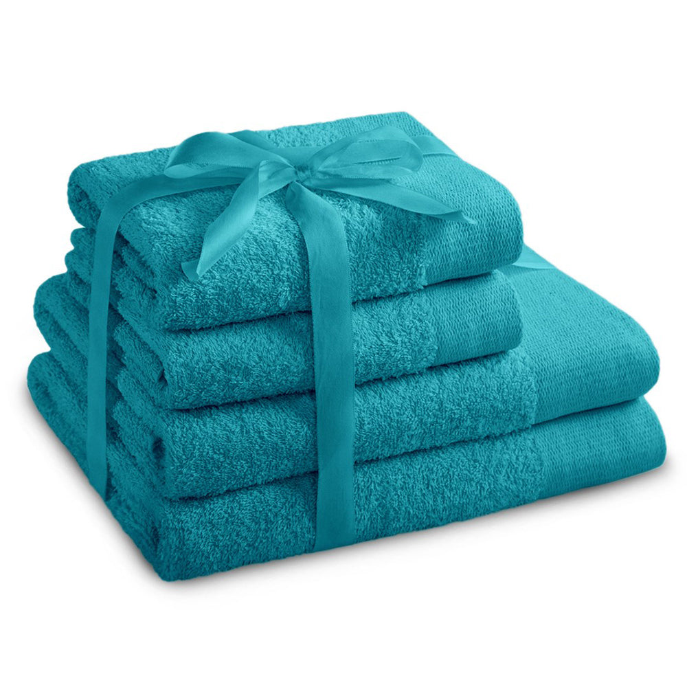 Set 4 prosoape de baie stil modern din bumbac 100%, 450 g/mp, Amari, 2x70x140 cm, 2x50x100 cm, turcoaz
