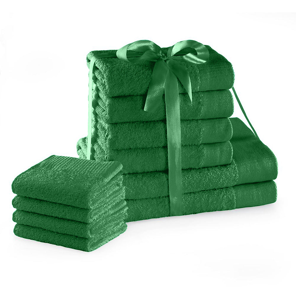 Set 10 prosoape de baie stil modern din bumbac 100%, 450 g/mp, Amari, 2x70x140 cm, 4x50x100 cm, 4x30x50 cm, verde