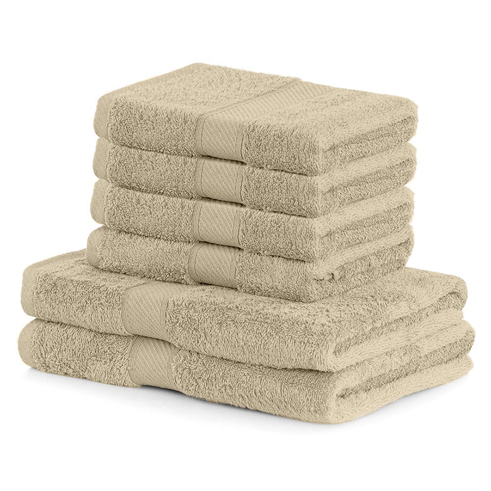 Set 6 prosoape de baie cu bordura brodata din bumbac, Bamby, 425 g/mp, 2x70x140 cm, 4x50x100 cm, bej