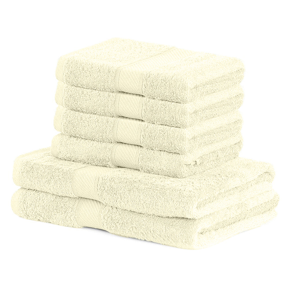 Set 6 prosoape de baie cu bordura brodata din bumbac, Bamby, 425 g/mp, 2x70x140 cm, 4x50x100 cm, ecru