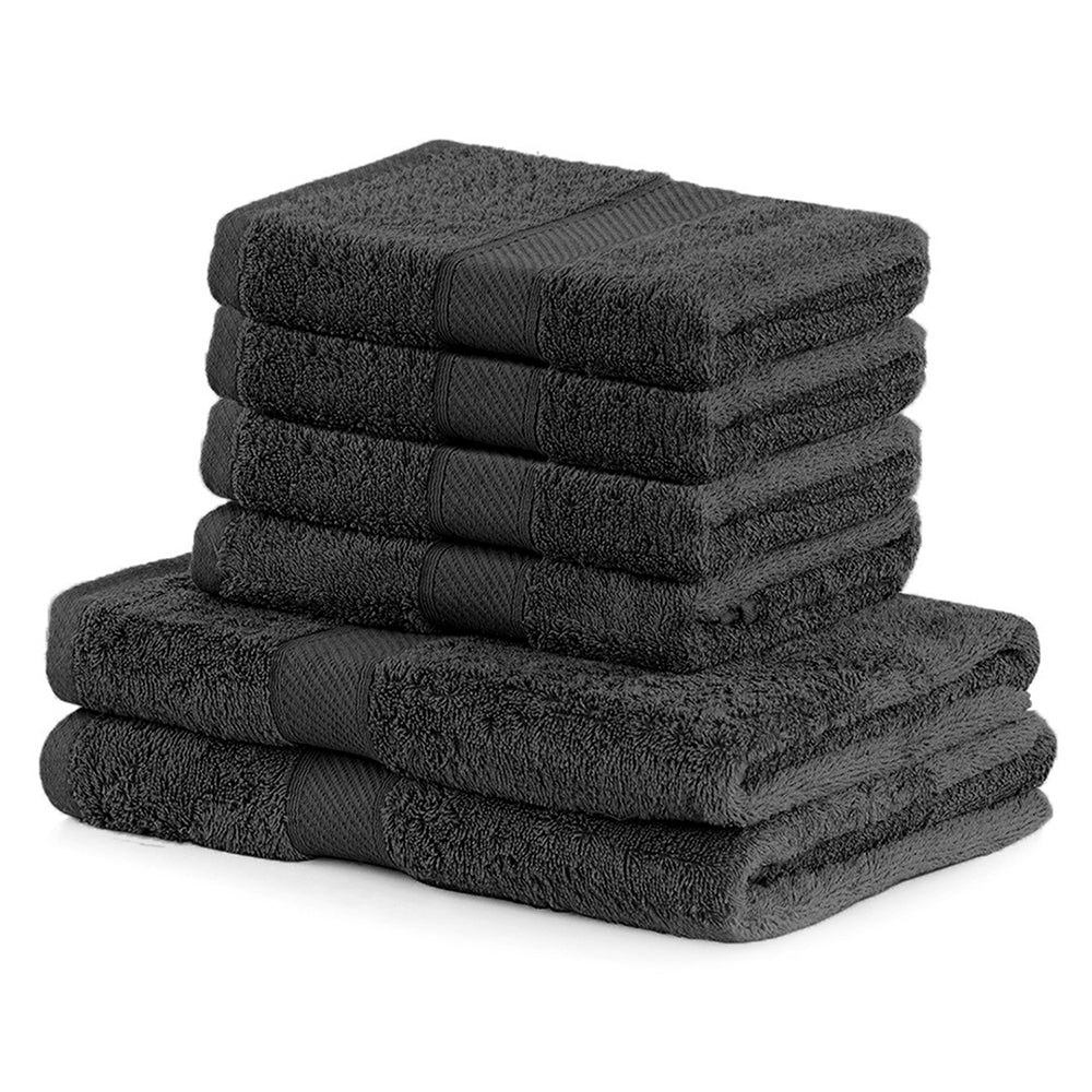 Set 6 prosoape de baie cu bordura brodata din bumbac, Bamby, 425 g/mp, 2x70x140 cm, 4x50x100 cm, gri inchis