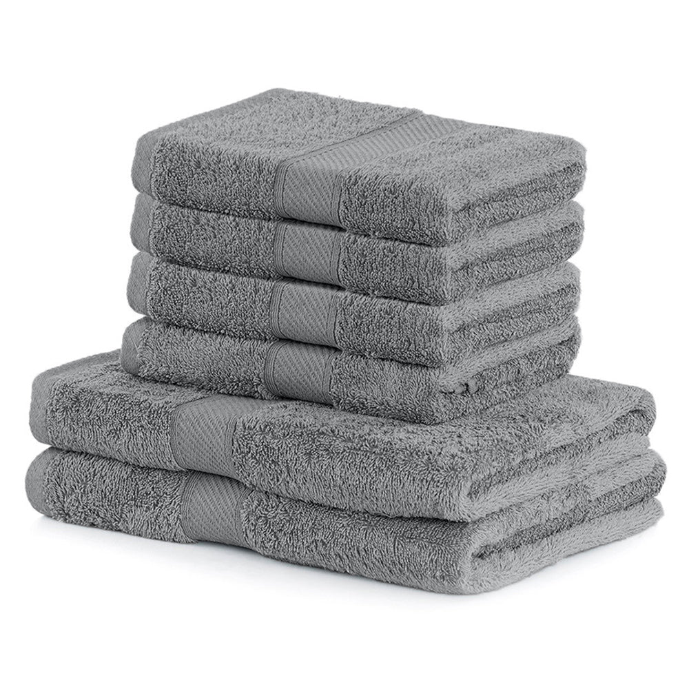 Set 6 prosoape de baie cu bordura brodata din bumbac, Bamby, 425 g/mp, 2x70x140 cm, 4x50x100 cm, gri