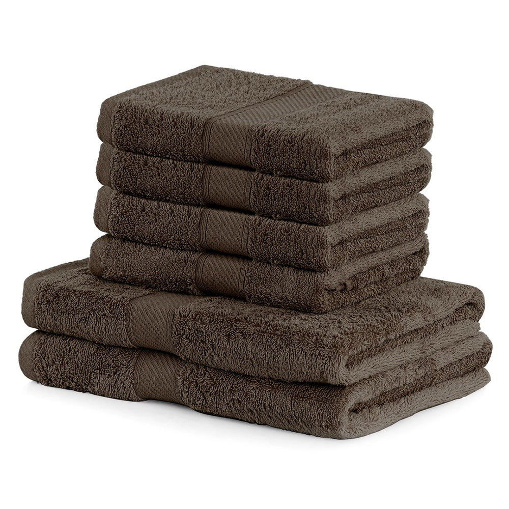Set 6 prosoape de baie cu bordura brodata din bumbac, Bamby, 425 g/mp, 2x70x140 cm, 4x50x100 cm, maro