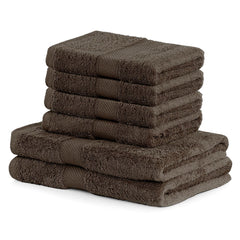 Set 6 prosoape de baie cu bordura brodata din bumbac, Bamby, 425 g/mp, 2x70x140 cm, 4x50x100 cm, maro