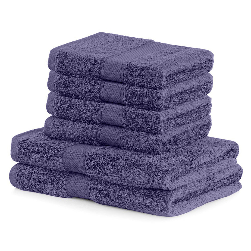 Set 6 prosoape de baie cu bordura brodata din bumbac, Bamby, 425 g/mp, 2x70x140 cm, 4x50x100 cm, mov