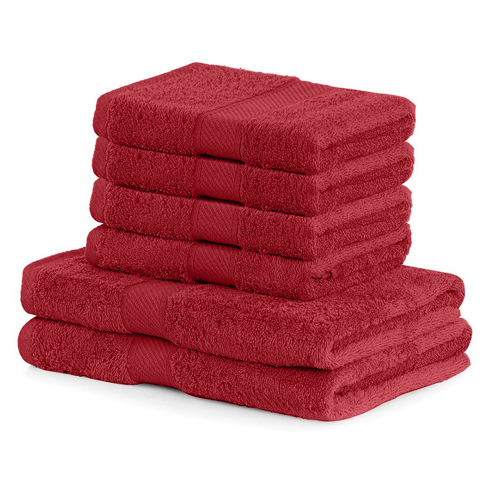 Set 6 prosoape de baie cu bordura brodata din bumbac, Bamby, 425 g/mp, 2x70x140 cm, 4x50x100 cm, rosu