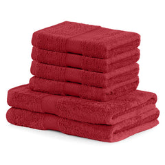 Set 6 prosoape de baie cu bordura brodata din bumbac, Bamby, 425 g/mp, 2x70x140 cm, 4x50x100 cm, rosu