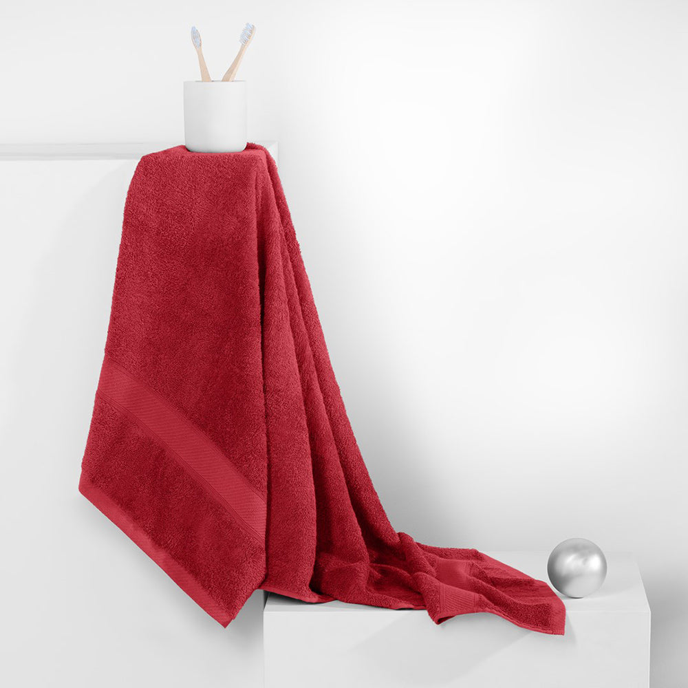 Set 6 prosoape de baie cu bordura brodata din bumbac, Bamby, 425 g/mp, 2x70x140 cm, 4x50x100 cm, rosu