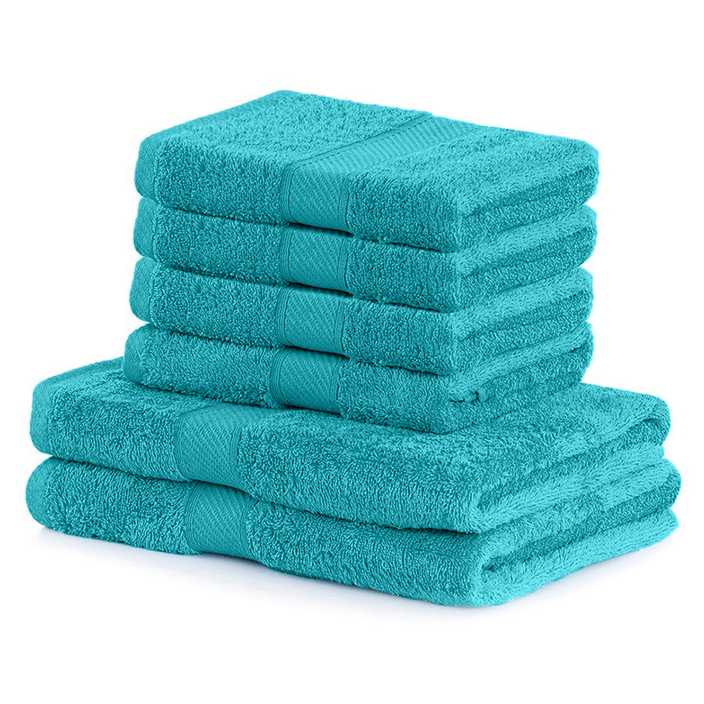Set 6 prosoape de baie cu bordura brodata din bumbac, Bamby, 425 g/mp, 2x70x140 cm, 4x50x100 cm, turcoaz