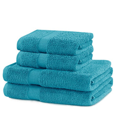 Set 4 prosoape de baie cu bordura simpla, bumbac 100%, 525 g/mp, Marina, 2x70x140 cm, 2x50x100 cm, turcoaz