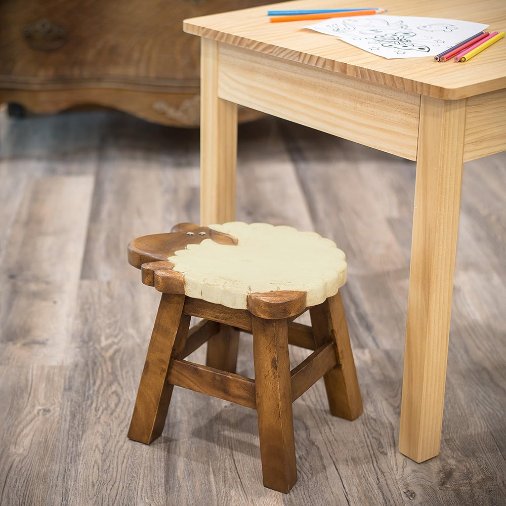 Scaunel din lemn pentru copii, sculptat si pictat manual, Miorita, 26.5 x 22.5 x 26.5 cm, 2.5kg