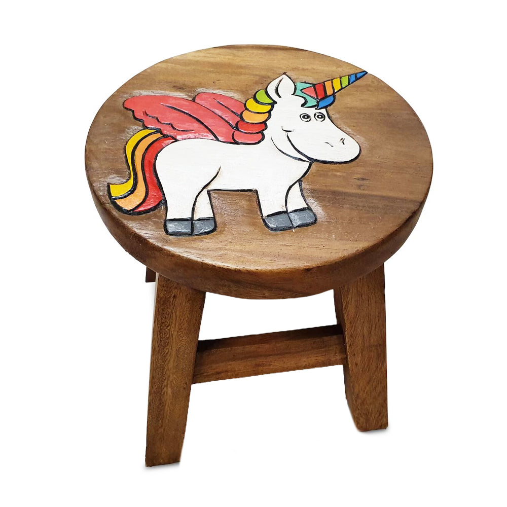 Scaunel din lemn pentru copii, sculptat si pictat manual, Unicorn, 25.5 x 25.5 x 26.5 cm, 2.4kg