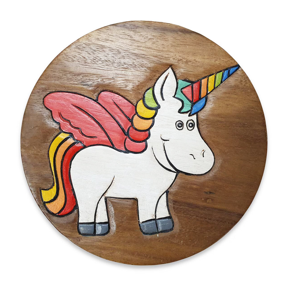 Scaunel din lemn pentru copii, sculptat si pictat manual, Unicorn, 25.5 x 25.5 x 26.5 cm, 2.4kg