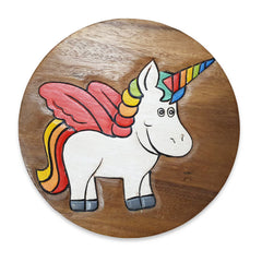 Scaunel din lemn pentru copii, sculptat si pictat manual, Unicorn, 25.5 x 25.5 x 26.5 cm, 2.4kg