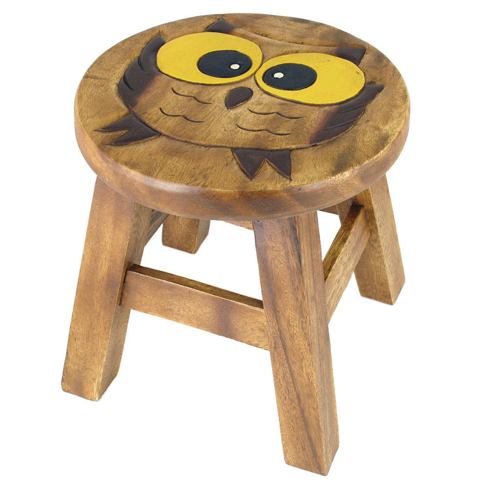Scaunel din lemn pentru copii, sculptat si pictat manual, Bufnita, 25.5 x 25.5 x 26.5 cm, 2.4kg