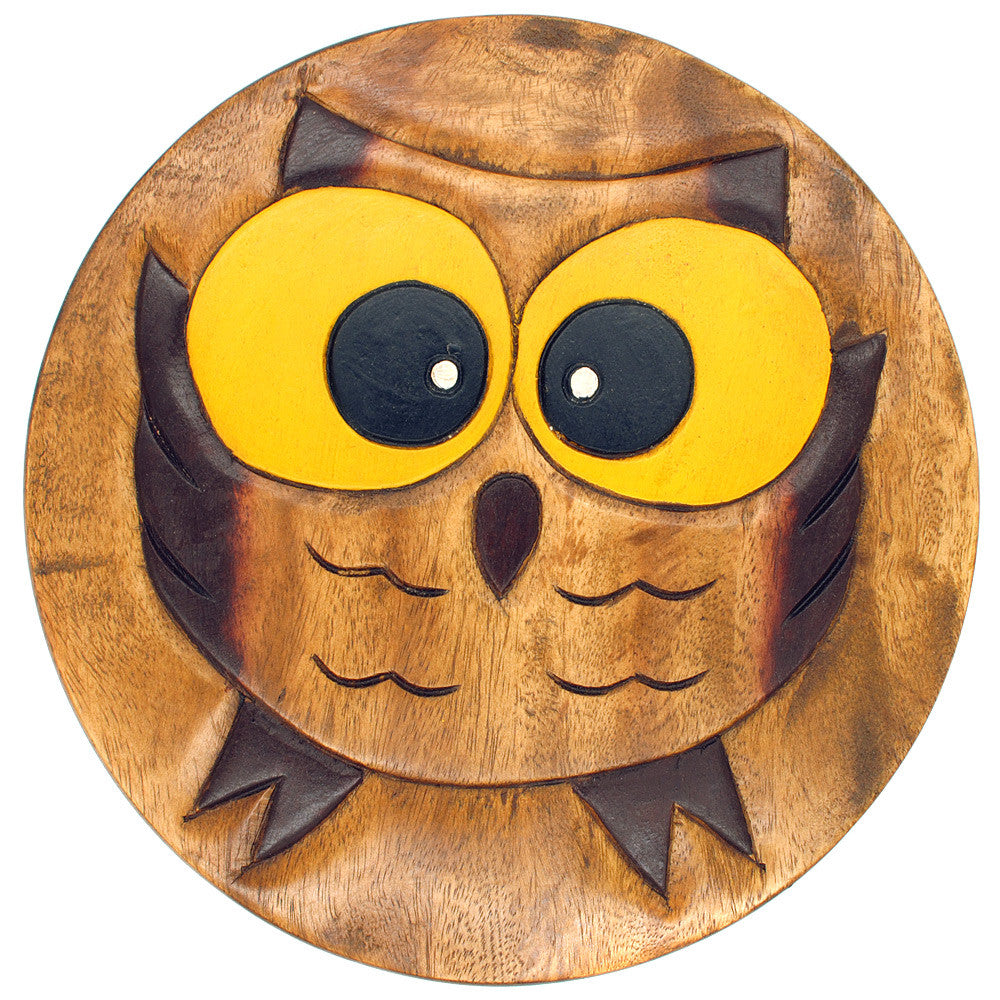 Scaunel din lemn pentru copii, sculptat si pictat manual, Bufnita, 25.5 x 25.5 x 26.5 cm, 2.4kg