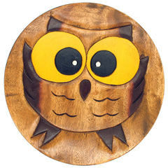 Scaunel din lemn pentru copii, sculptat si pictat manual, Bufnita, 25.5 x 25.5 x 26.5 cm, 2.4kg