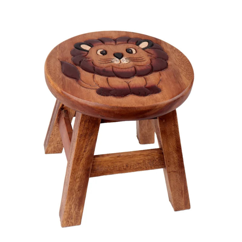 Scaunel din lemn pentru copii, sculptat si pictat manual, Leul, 25.5 x 25.5 x 26.5 cm, 2.4kg