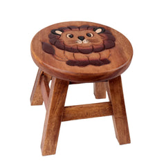 Scaunel din lemn pentru copii, sculptat si pictat manual, Leul, 25.5 x 25.5 x 26.5 cm, 2.4kg