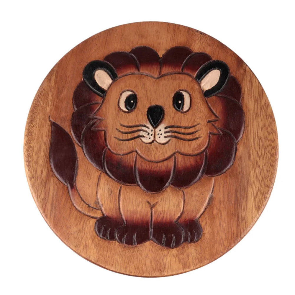 Scaunel din lemn pentru copii, sculptat si pictat manual, Leul, 25.5 x 25.5 x 26.5 cm, 2.4kg