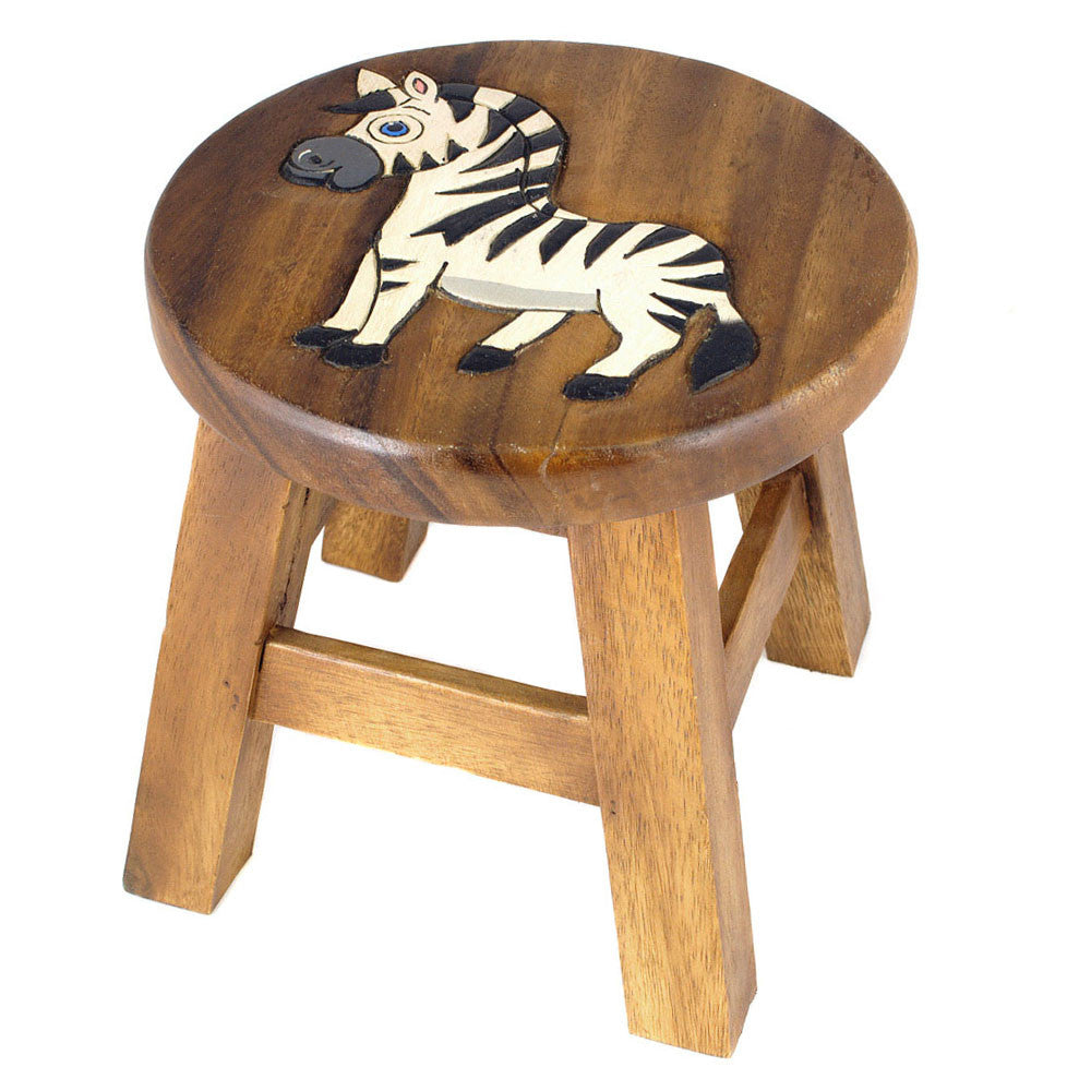 Scaunel din lemn pentru copii, sculptat si pictat manual, Zebra, 25.5 x 25.5 x 26.5 cm, 2.4kg