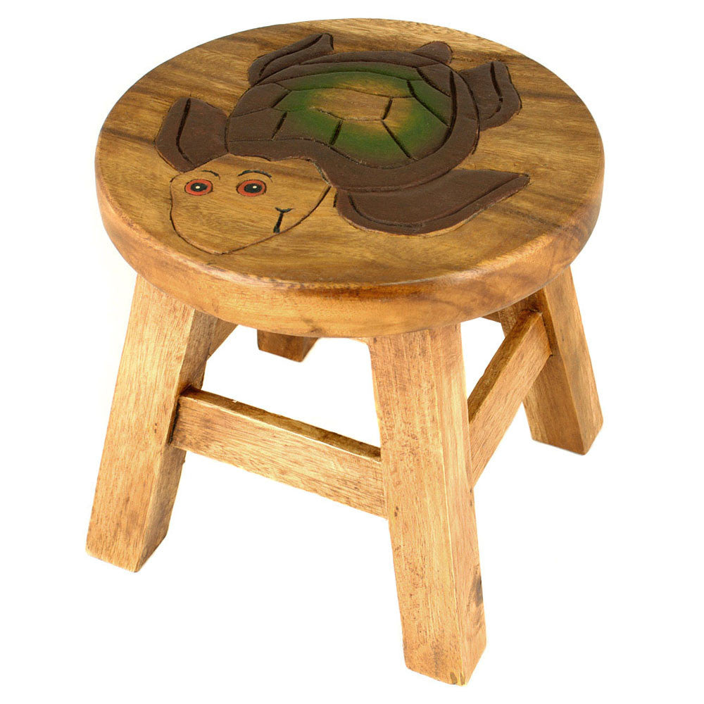 Scaunel din lemn pentru copii, sculptat si pictat manual, Broasca-testoasa, 25.5 x 25.5 x 26.5 cm, 2.4kg