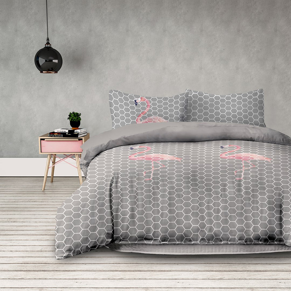 Set 2 huse pilota si 2 huse perna, model flamingo, Basic, 155x220 cm, 80x80 cm, gri, 4 piese
