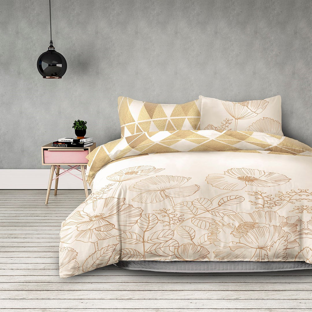 Set 2 huse pilota si 2 huse perna din bumbac, model flori de mac, Snuggy, 155x220 cm, 80x80 cm, galben, 4 piese