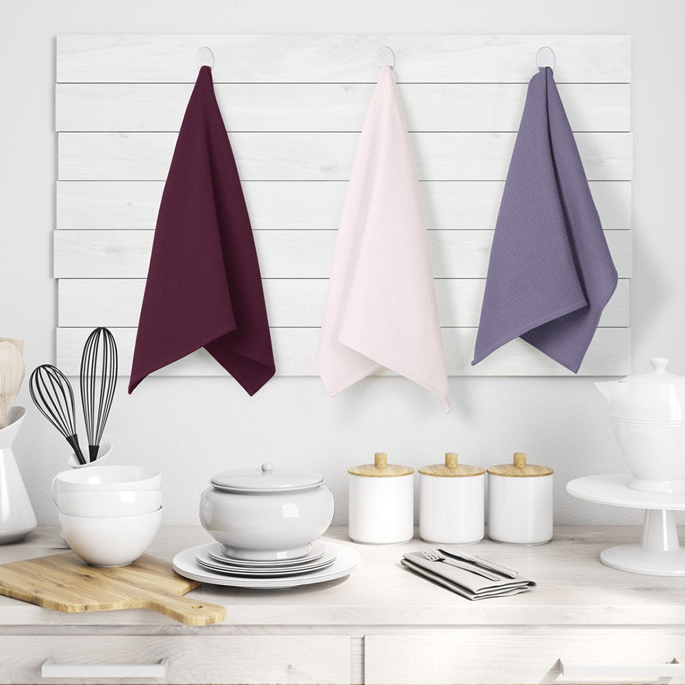 Set 3 prosoape de bucatarie din bumbac, model fagure, Letty, 50 x 70 cm, grena