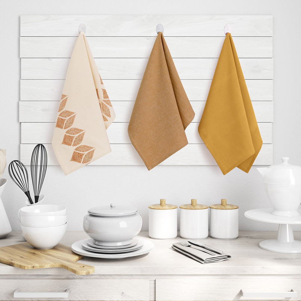Set 3 prosoape de bucatarie din bumbac, stil modern mixt, Letty, 50 x 70 cm, caramel