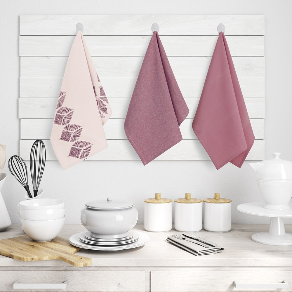 Set 3 prosoape de bucatarie din bumbac, stil modern mixt, Letty, 50 x 70 cm, roz pudra
