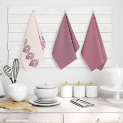 Set 3 prosoape de bucatarie din bumbac, stil modern mixt, Letty, 50 x 70 cm, roz pudra