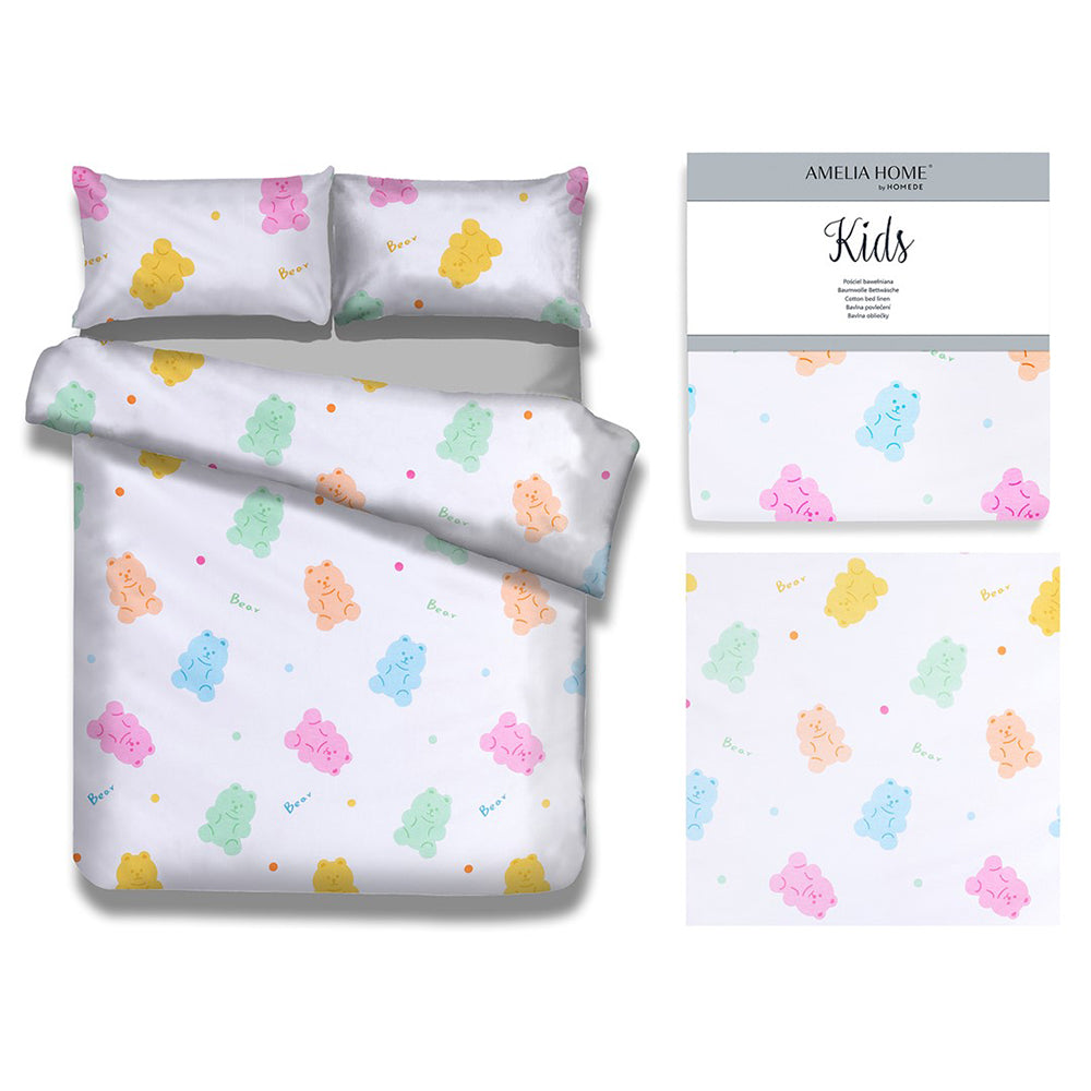Set husa pilota si 2 huse perna din bumbac stil modern, Candy Bears, 135x200 cm, 40x60 cm, 80x80 cm, alb, 3 piese
