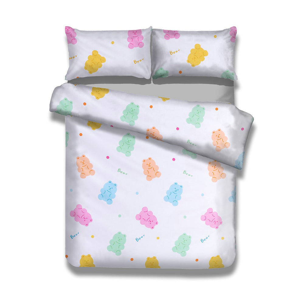 Set husa pilota si 2 huse perna din bumbac stil modern, Candy Bears, 135x200 cm, 40x60 cm, 80x80 cm, alb, 3 piese