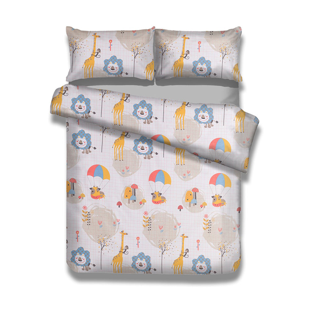 Set husa pilota si 2 huse perna din bumbac, model animalute, Safari Friends, 135x200 cm, 40x60 cm, 80x80 cm, bej, 3 piese