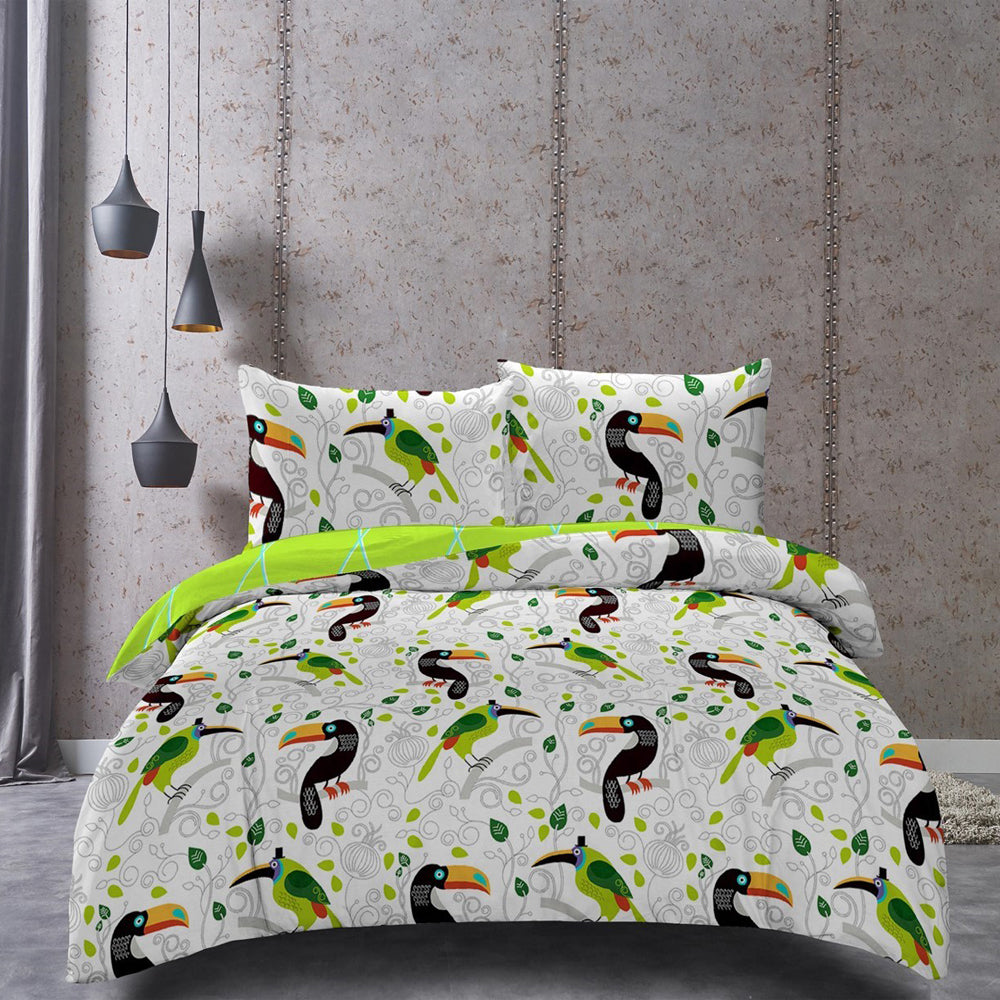 Set husa pilota si 2 huse perna din bumbac ranforce, model pasari tropicale, Ducato, 230x220 cm, 50x75 cm, verde, 3 piese