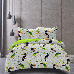 Set husa pilota si 2 huse perna din bumbac ranforce, model pasari tropicale, Ducato, 230x220 cm, 50x75 cm, verde, 3 piese