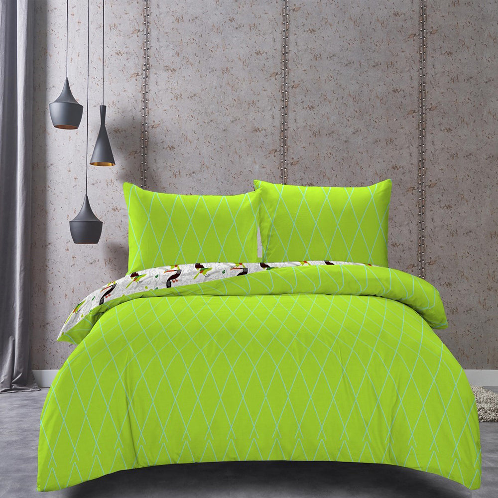 Set husa pilota si 2 huse perna din bumbac ranforce, model pasari tropicale, Ducato, 230x220 cm, 50x75 cm, verde, 3 piese
