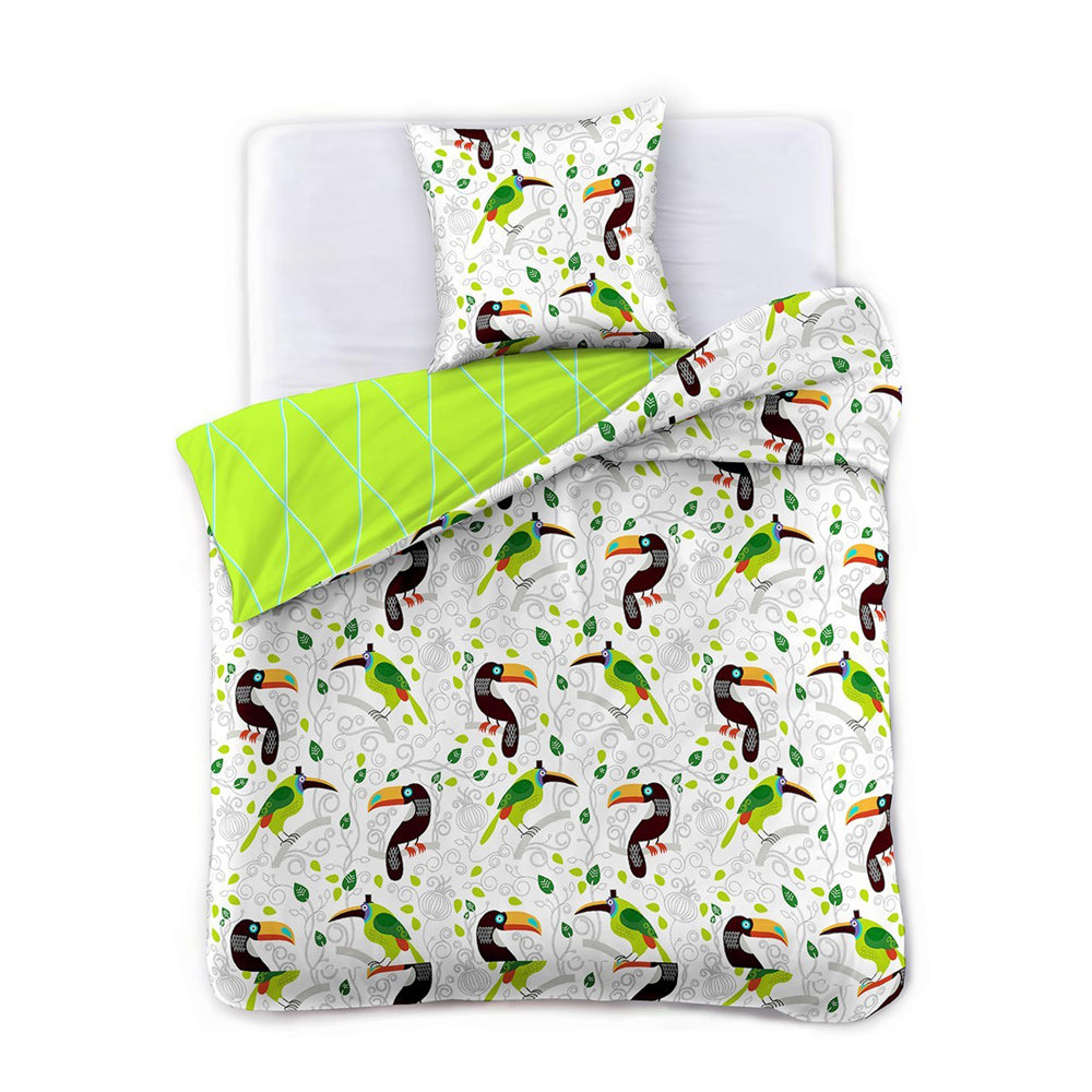 Set husa pilota si 2 huse perna din bumbac ranforce, model pasari tropicale, Ducato, 230x220 cm, 50x75 cm, verde, 3 piese
