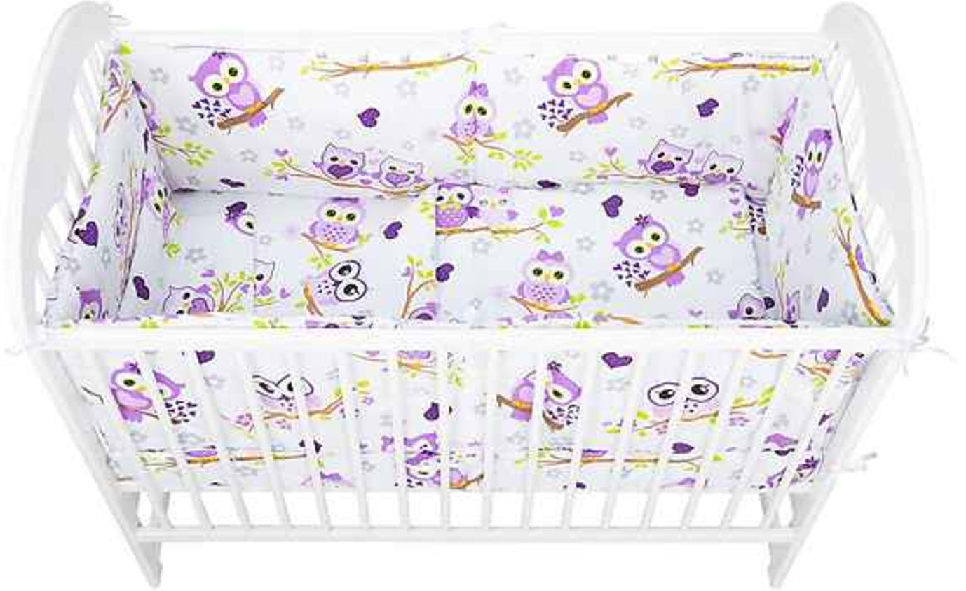 Set lenjerie pentru bebelusi cu aparatori laterale, Bufnita mov, bumbac 100%