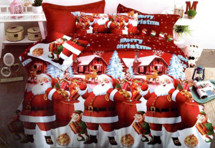Lenjerie de pat matrimonial cu 4 huse de perna cu mix dimensiuni, Merry Christmas, bumbac mercerizat, multicolor