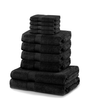 Set 10 prosoape de baie cu bordura simpla din bumbac, 525 g/mp, Marina, 2x70x140 cm, 4x50x100 cm, 4x30x50 cm, Negru